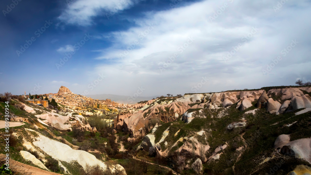 Obraz premium Cappadocia is one of the most famous touristic regions of Turkey. The Rock Sites of Cappadocia are UNESCO World Heritage sites. Location; Pigeon Valley. (Güvercinlik vadisi).