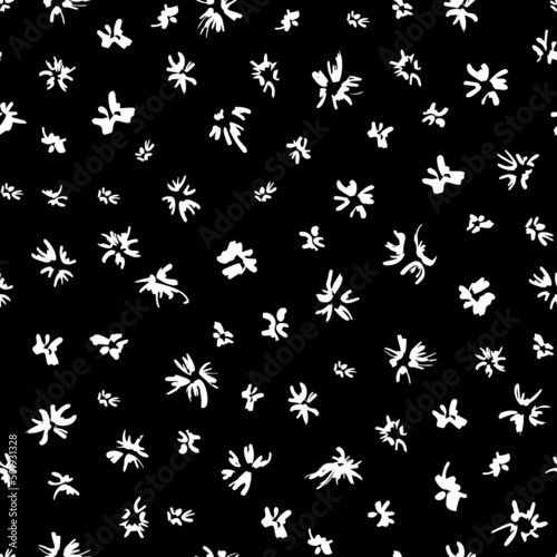 Abstract minimal floral seamless repeat pattern. Random placed, monochrome vector petal all over surface print on black background.