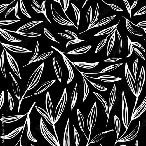 Botanical seamless repeat pattern. Monochrome, vector leaf branches all over surface print.