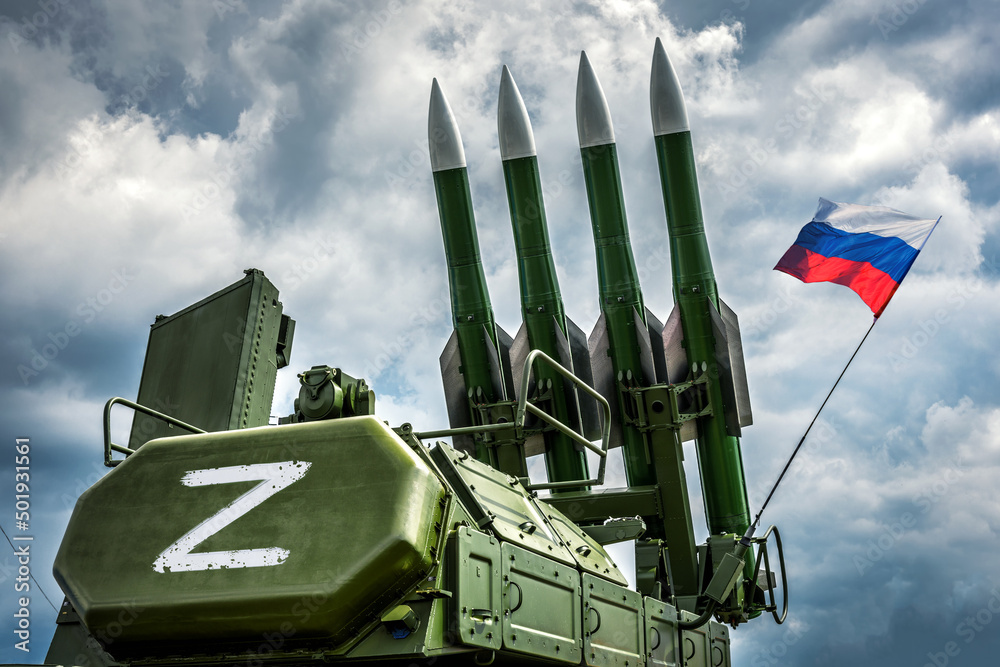 Russian missile system Buk-M2 with Z sign and flag Photos | Adobe Stock