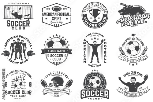 Set of soccer and american football or rugby club badge. Vector. Vintage design with soccer, football player, bull, american football player, helmet, ball and shoulder pads silhouette.