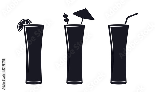 Different long drink glasses icon set