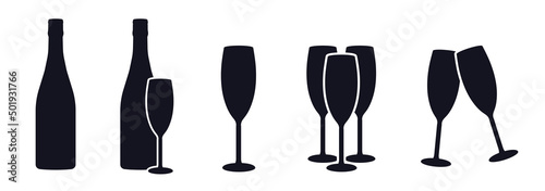 Sparkling wine bottle and glasses icons