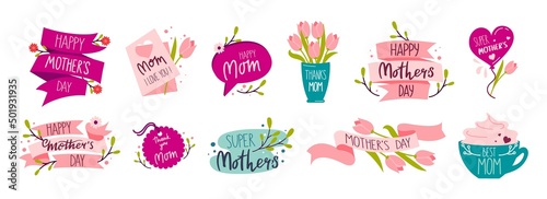 Happy Mothers Day holiday sticker template set with Lettering Vector Illustration