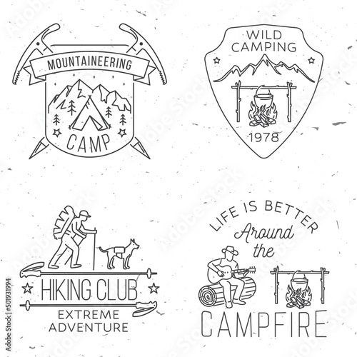Set of Outdoor adventure badge. Vector. Vintage line art design with camping tent, hiker, dog and hiking stick, campfire, camper tent, pot on the fire, axe and mountain.