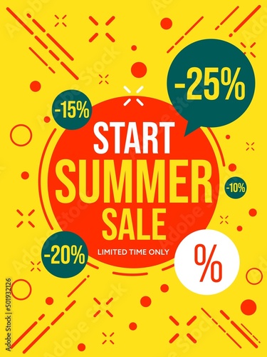 Start summer sale promotional banner. Limited time only discount with 25, 20, 15 percent price off vector illustration