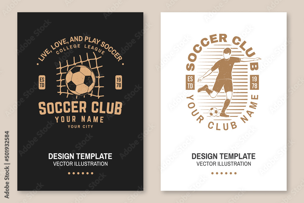 Set of soccer club badge template. Vector illustration. Flyer, brochure, banner, poster with soccer player silhouettes. Set of soccer club badge template. Vector illustration. Flyer, brochure, banner, poster with soccer player silhouettes.