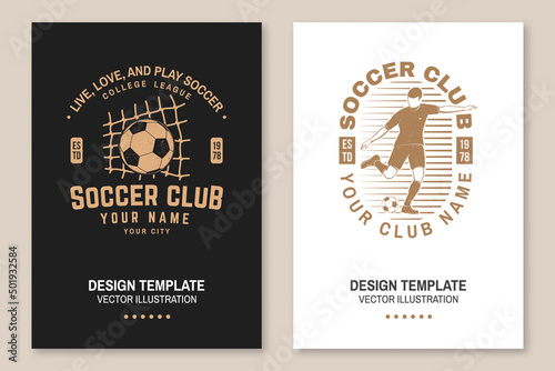 Set of soccer club badge template. Vector illustration. Flyer, brochure, banner, poster with soccer player silhouettes.