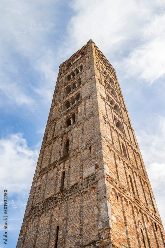 View on the Romanesque bell tower of the Pomposa abbey, Ferrara - Italy