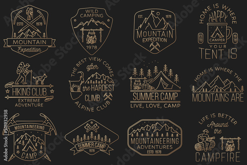 Set of Outdoor adventure badge. Vector. Vintage line art design with camping tent, hiker, dog and mountain. Outdoors adventure emblem.