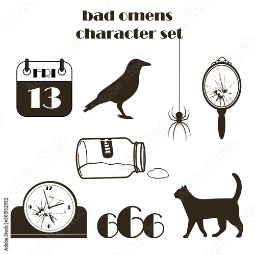 illustration set of signs symbols of failure, bad luck, curses. a set of superstitious symbols - a broken clock, mirror,  a black cat, a raven, spilled salt, Friday the 13th, the number 666