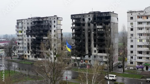Residential soviet building razed to the ground by heavy airbombs fab500 dropped by Russian bomber plane in Borodianka, Ukraine during Russian agression against Ukraine. photo