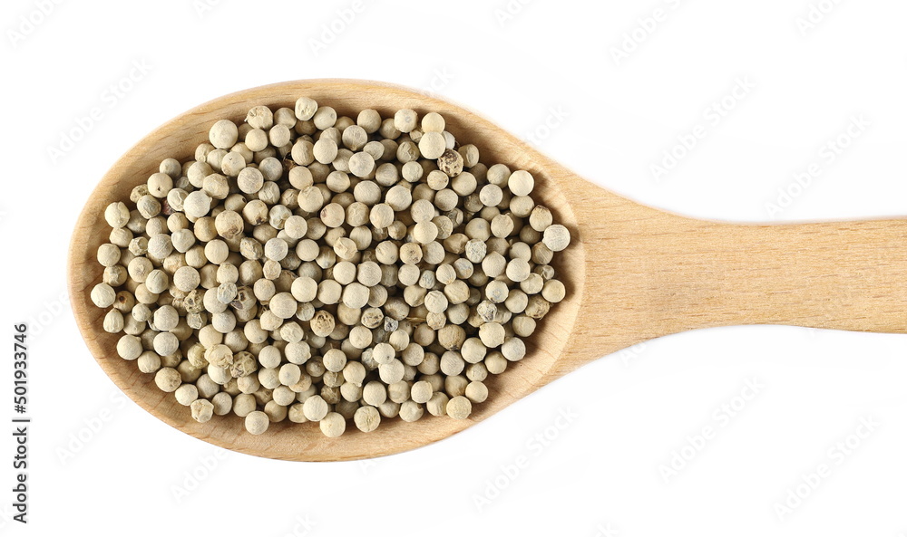 Grain white pepper pile, peppercorn in wooden spoon isolated on white, top view Grain white pepper pile, peppercorn in wooden spoon isolated on white, top view