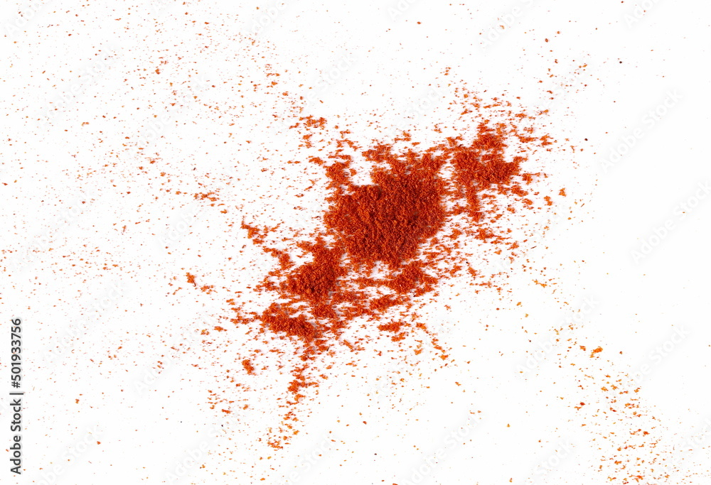 Pile of red paprika powder isolated on white, top view