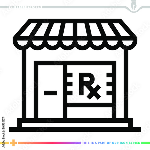 Line icon for drug store illustrations with editable strokes. This vector graphic has customizable stroke width.