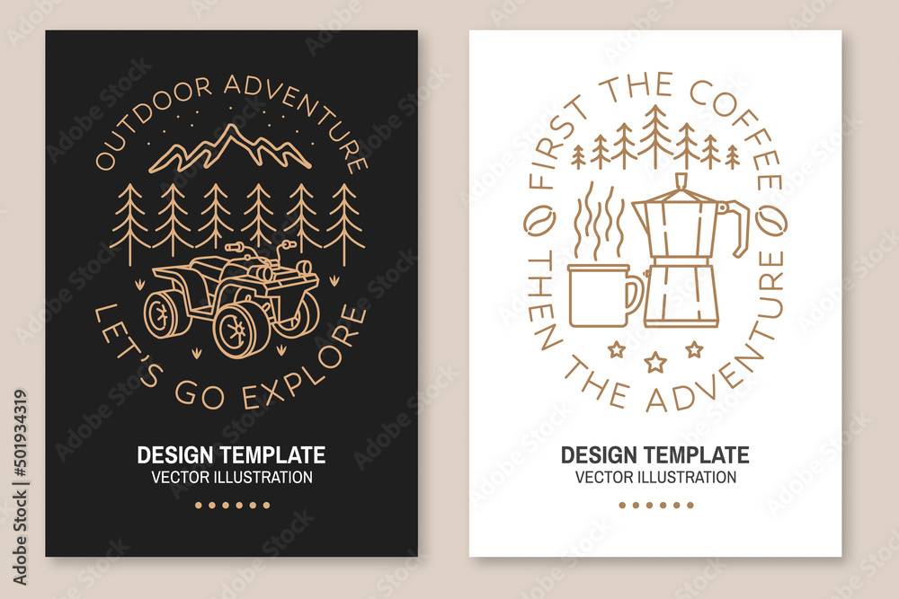 Set of camping template. Vector. Line art flyer, brochure, banner, poster with quad bike, campin cup, Italian coffee maker and forest landscape.