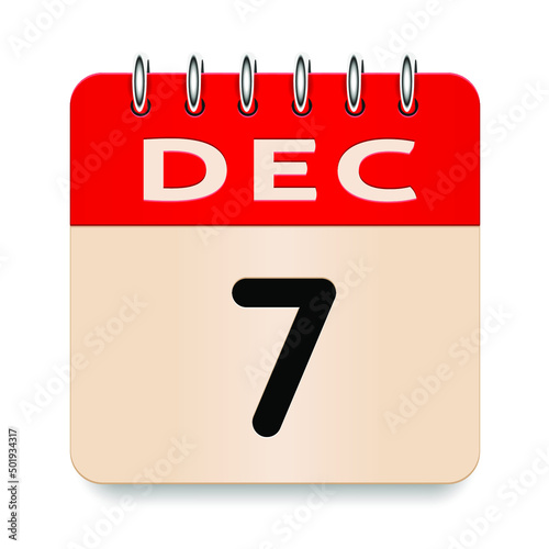 7 day of the month. December. Flip old formal calendar. 3d daily icon. Date. Week Sunday, Monday, Tuesday, Wednesday, Thursday, Friday, Saturday. Cut paper. White background. Vector illustration. photo