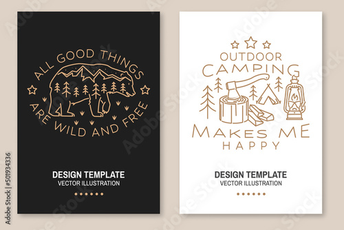 Set of camping template. Vector. Line art flyer, brochure, banner, poster with bear, forest, lantern and axe and mountain landscape.