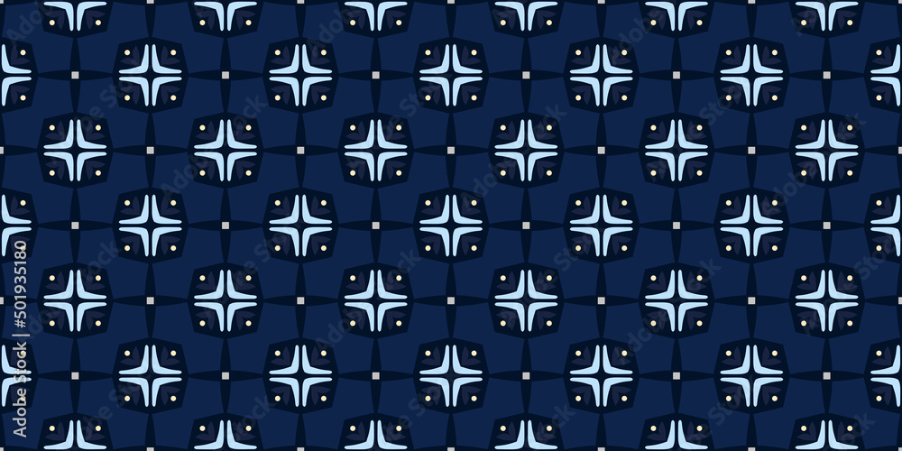 Elegant pattern classic blue background square motif. Abstract line shape geometric ornament seamless design. Modern concept art textile swatch ladies dress, man shirt all over print block.