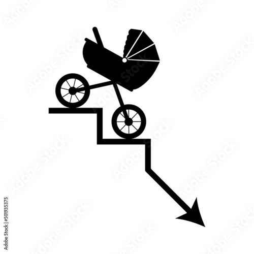 Demographic decline icon. Vector illustration of baby carriage going down the stairs. Fertility decline curve. Population collapse symbol isolated on white background. Birth problem. Population ageing