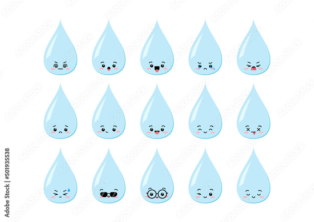 Cute water drop character kawaii set. Raindrop shape mascot with face. Aqua funny, sad, surprised, winking, in eyeglasses, sunglasses emoji icon collection. Vector cartoon illustration.