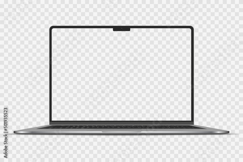 Realistic Darkgrey Notebook with Transparent Screen Isolated. New Laptop. Open Display. Can Use for Project, Presentation. Blank Device Mock Up. Separate Groups and Layers. Easily Editable Vector. PNG photo