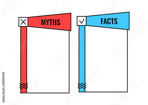 Myth and fact check list megaphone shape vector set. True or fiction infographic icon badge blank with check mark and cross isolated on white. Flat design fake and good news template illustration