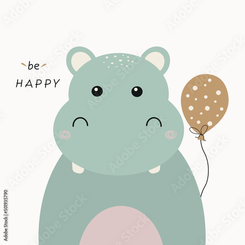 Cute hand drawn hippo. Decor nursery funny animal. Kids print in Scandinavian style. Cartoon hippo wants to be happy. Wall art baby. Vector illustration for textiles, stickers, pajamas, posters.