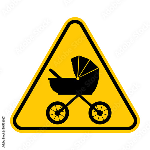 Baby carriage sign. Vector illustration of yellow triangle warning sign with baby stroller icon inside. Caution mother with children. Baby on board concept.