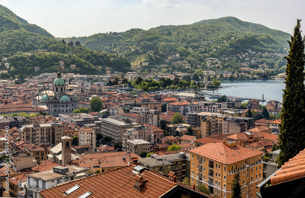Top view on the Como city with the Cathedral Santa Maria Assunta, Lombardy, Italy
