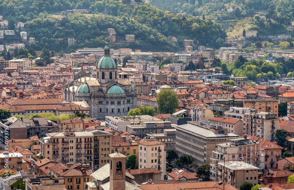 Top view on the Como city with the Cathedral Santa Maria Assunta, Lombardy, Italy
