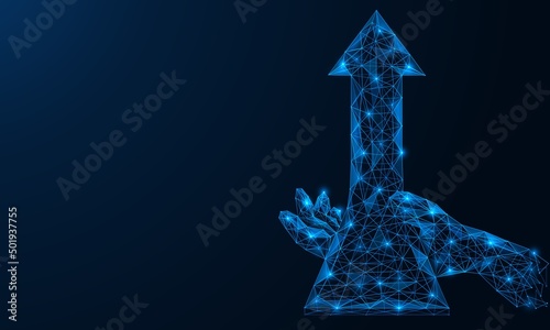 Arrow going up in the hand. A low-poly construction of interconnected lines and dots. Blue background.