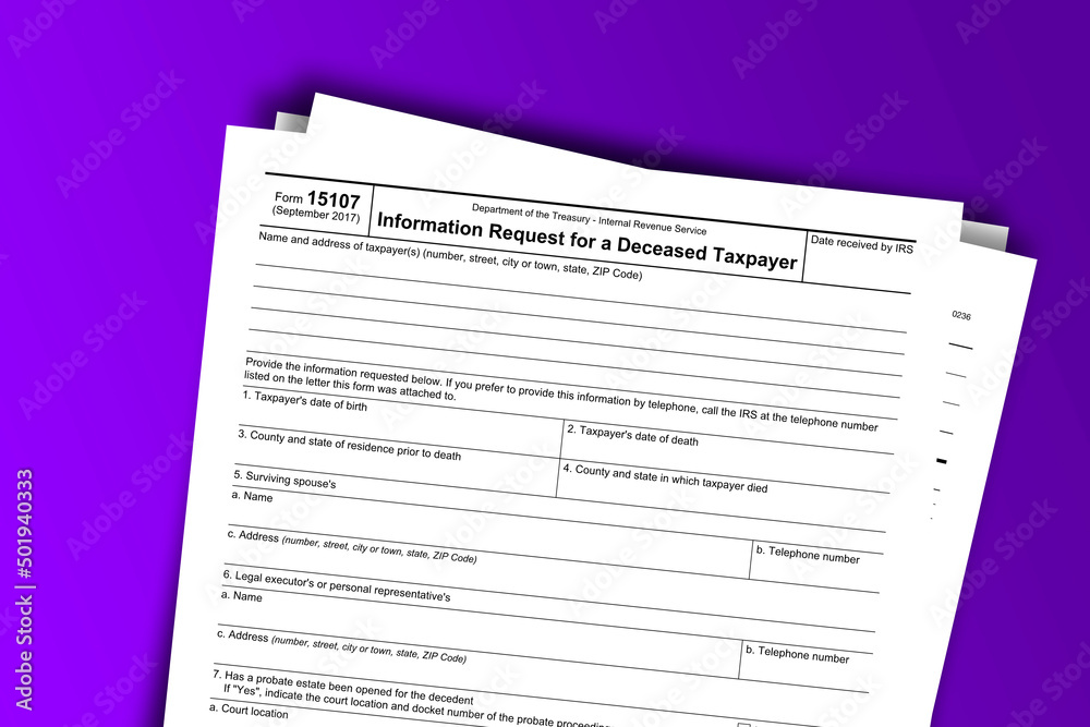 Form 15107 documentation published IRS USA 01.30.2018. American tax document on colored