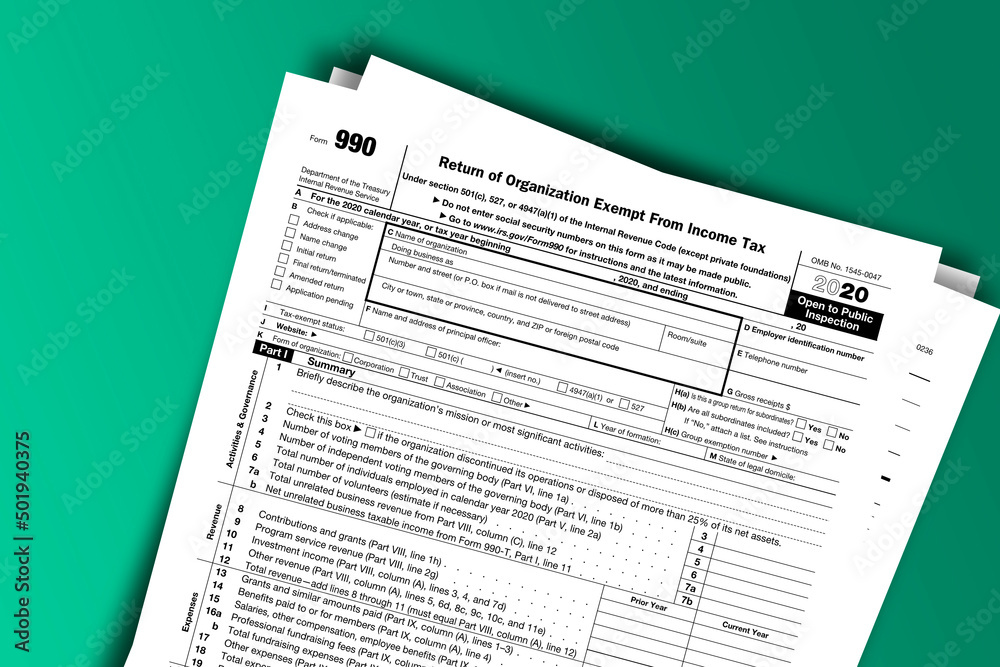 Form 990 documentation published IRS USA 12.22.2020. American tax document on colored Form 990 documentation published IRS USA 12.22.2020. American tax document on colored