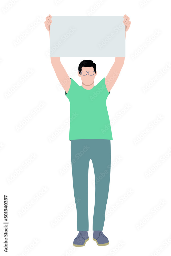 Portrait of a guy who raised a poster over his head, flat vector on a white background, faceless illustration Portrait of a guy who raised a poster over his head, flat vector on a white background, faceless illustration