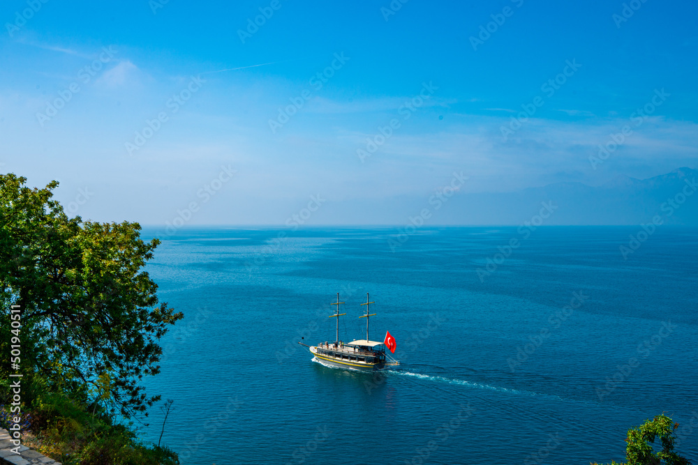 Antalya, Turkey. Sailing Ship For Sea Tours. Mediterranean landscape
