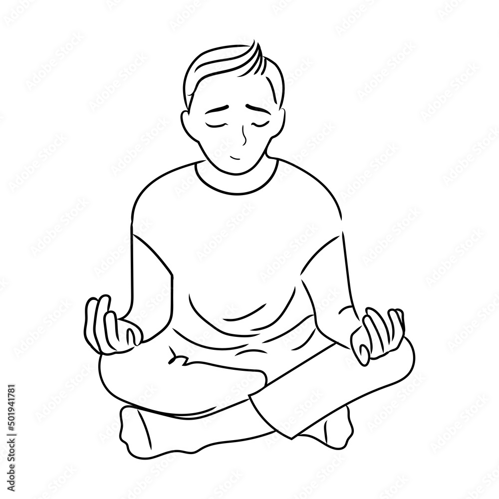 Man meditates in the lotus position.Outline drawing of a man in the lotus position vector illustration on a white background.Mental health concept