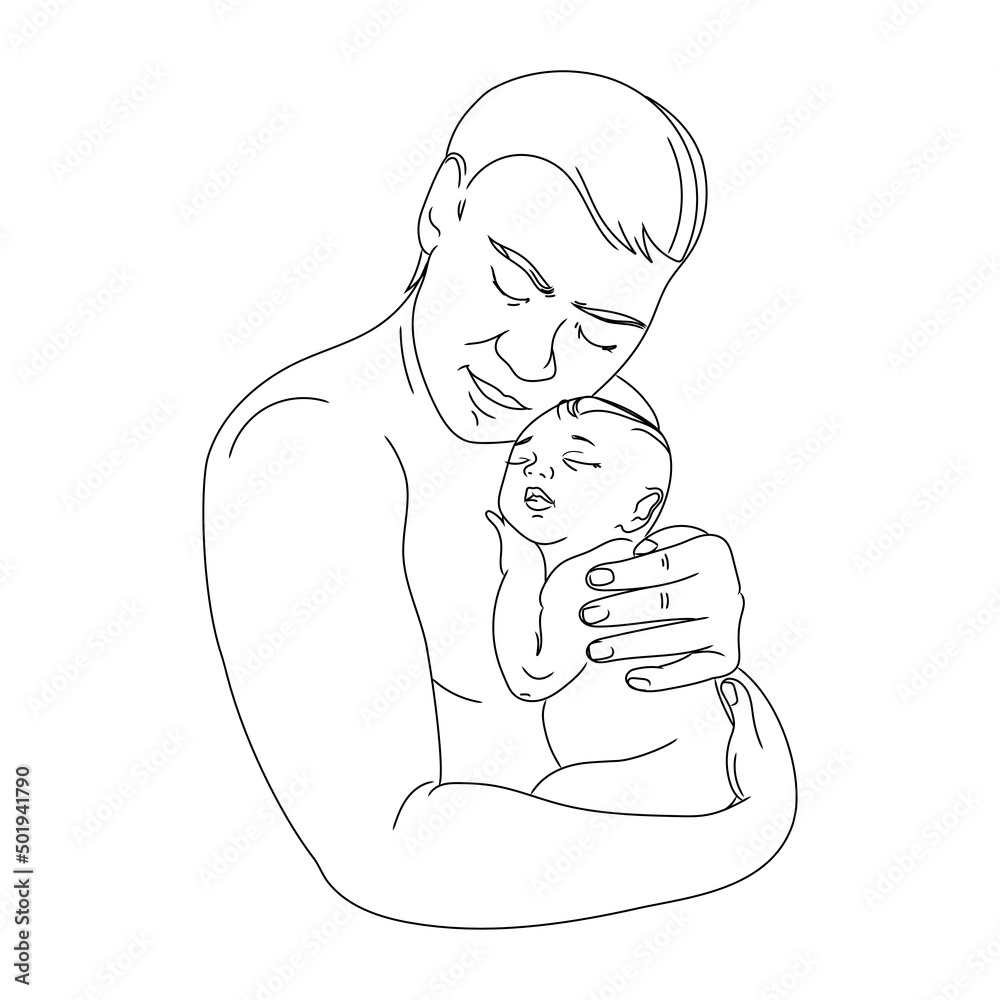 Vector line art illustration of a father holding a newborn baby in his arms. Father and child Minimalist Art sketch drawing.Fatherhood concept.Happy family Vector line art illustration of a father holding a newborn baby in his arms. Father and child Minimalist Art sketch drawing.Fatherhood concept.Happy family
