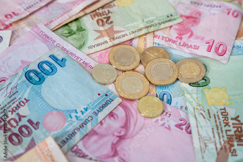 Various Turkish Lira Banknotes And Coins.  Turkish Money photo