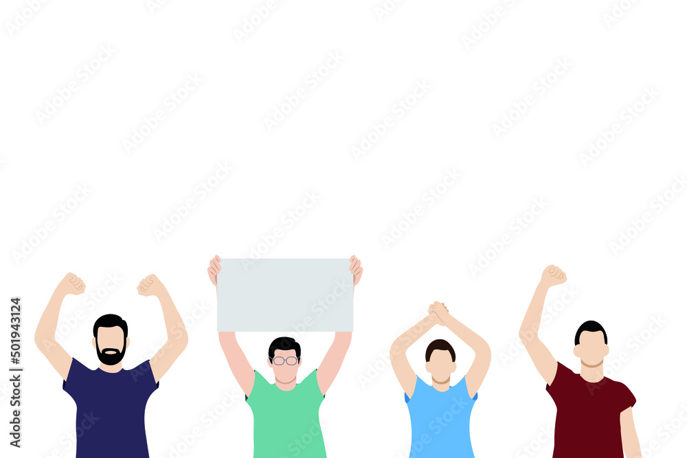 Portrait of four men with arms raised above their heads, flat vector on white background, faceless illustration Portrait of four men with arms raised above their heads, flat vector on white background, faceless illustration