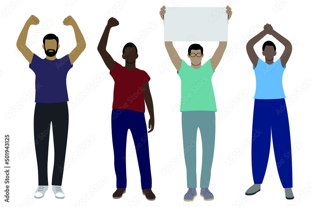 Set of dark-skinned men in full growth with arms raised above their heads, flat vector on white background, faceless illustration Set of dark-skinned men in full growth with arms raised above their heads, flat vector on white background, faceless illustration