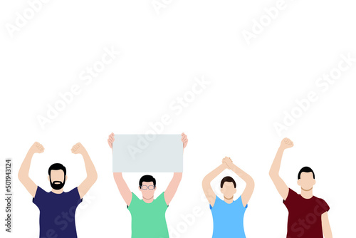 Portrait of four men with arms raised above their heads, flat vector on white background, faceless illustration
