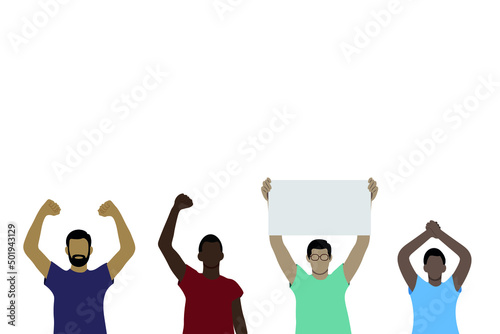 Portrait of four dark-skinned men with arms raised above their heads, flat vector on white background, faceless illustration