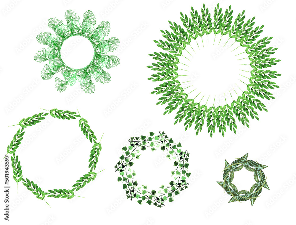 Set di ghirlande con foglie verdi, isolate su sfondo bianco. Cornici botaniche circolari Set di ghirlande con foglie verdi, isolate su sfondo bianco. Cornici botaniche circolari