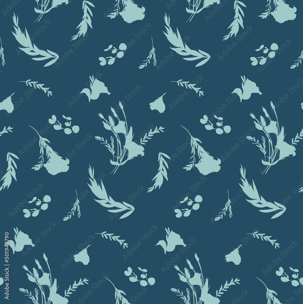 Botanical summer pattern with blue silhouettes of eustoma flowers on a dark blue background. Seamless pattern for girls and women summer dresses textile and surface design Botanical summer pattern with blue silhouettes of eustoma flowers on a dark blue background. Seamless pattern for girls and women summer dresses textile and surface design