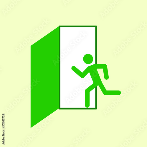 emergency exit icon, safe exit direction indicator, green color, flat design style