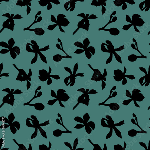 seamless Botanical pattern of Orchid silhouettes on a green background. Beautiful Botanical illustration of orchids. Design for textiles, postcards, web