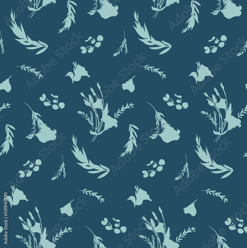 Botanical summer pattern with blue silhouettes of eustoma flowers on a dark blue background. Seamless pattern for girls and women summer dresses textile and surface design