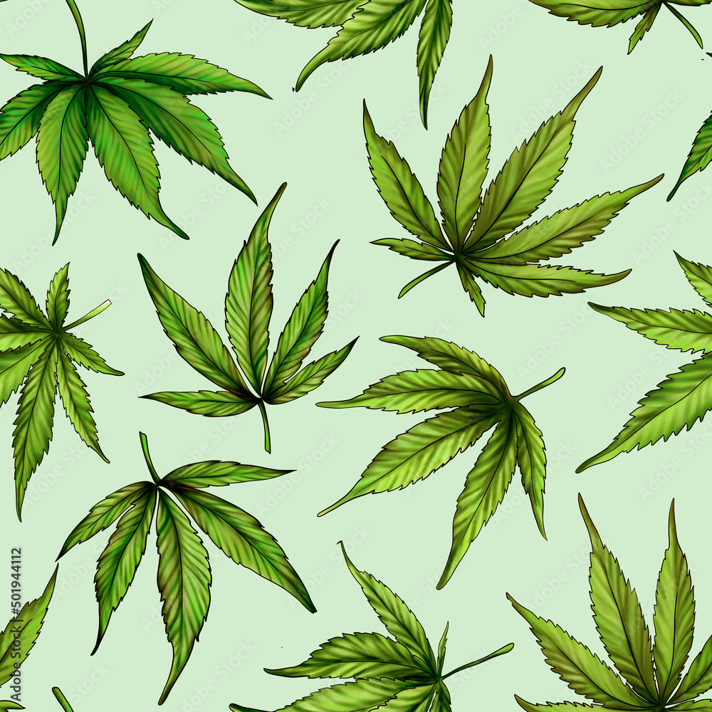 Seamless pattern of green cannabis leaves on a green background. Green hemp leaves. Hand drawn illustration.The seamless cannabis leaf pattern.marijuana pattern