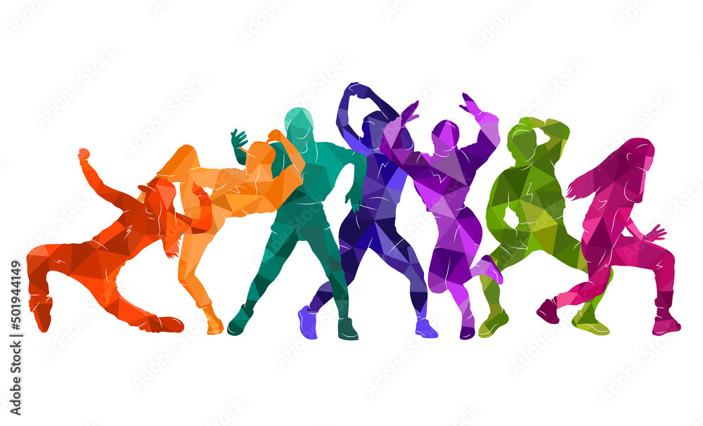 Detailed vector illustration silhouettes of expressive dance colorful group of women's dancing. Jazz, funk, hip-hop, house, twerk. Dancer girls jumping on white background. Happy celebration.